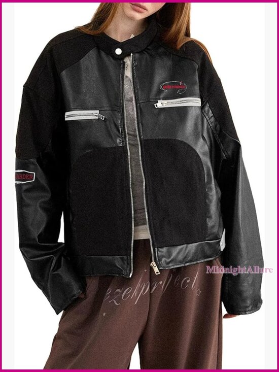 Jackets & Blazers - Faux Leather Moto Jacket Denim Patchwork Zip Up Streetwear Coat